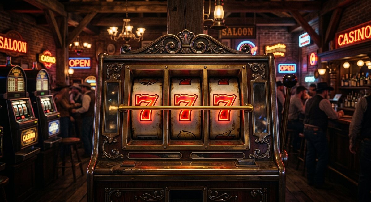 Simbol tujuh merah menyala pada gulungan mesin slot dengan cahaya neon kasino di latar belakang